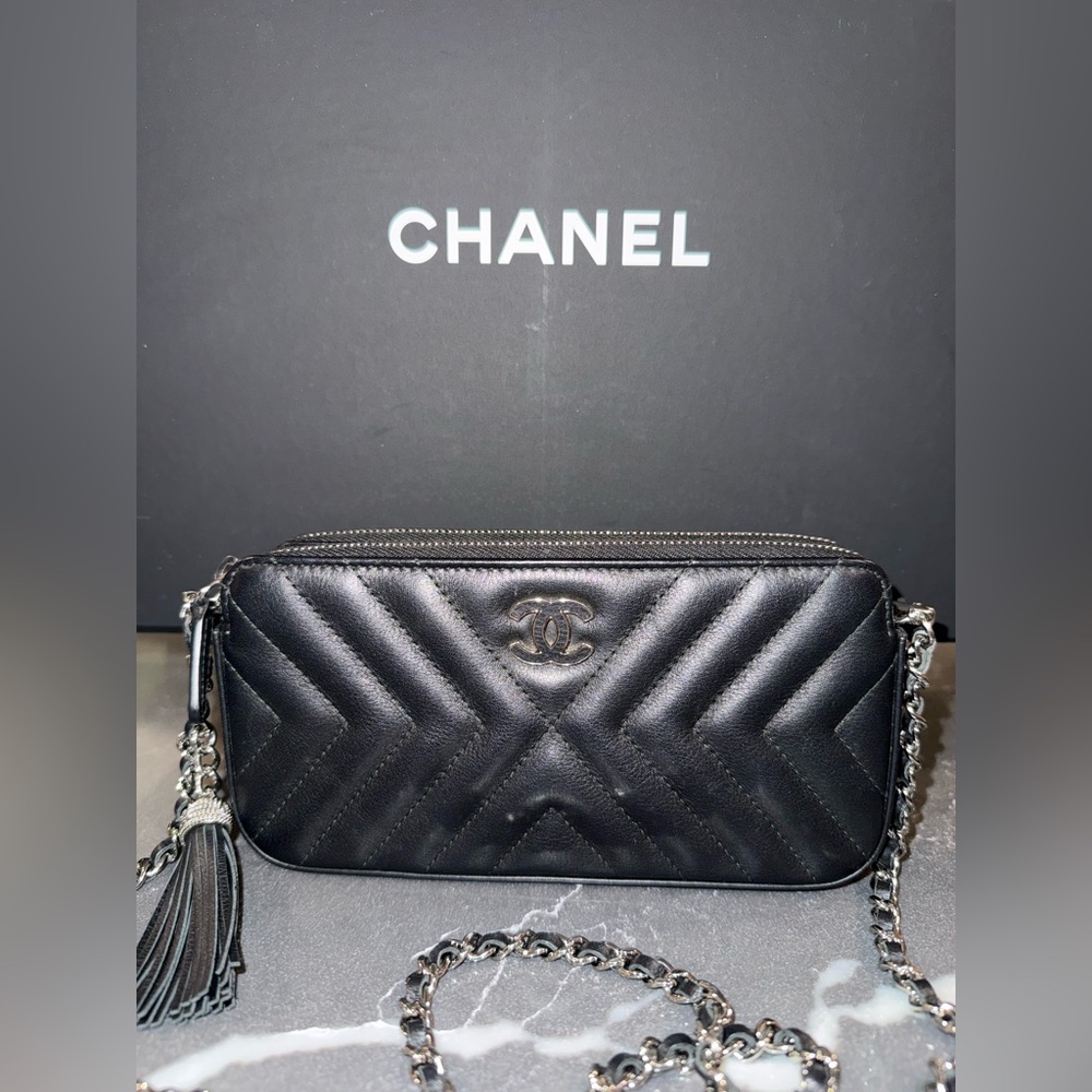 Chanel Double Zip Wallet on Chain WOC Chevron Black Calfskin